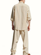 Men's Roll-Sleeve Band Collar Shirt and Wide-Leg Trousers Set