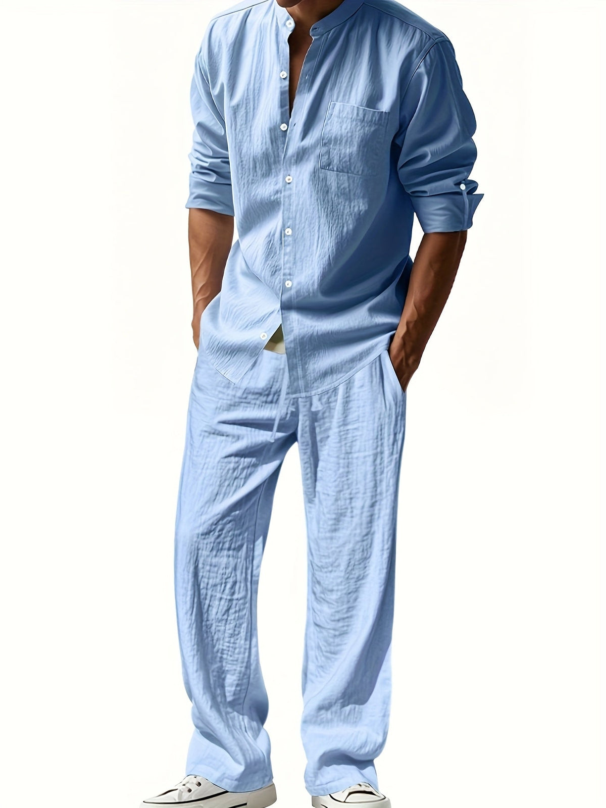 Men's Roll-Sleeve Band Collar Shirt and Wide-Leg Trousers Set – Light Blue