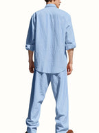 Men's Roll-Sleeve Band Collar Shirt and Wide-Leg Trousers Set