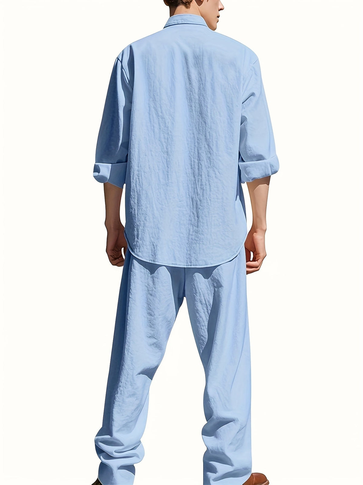 Men's Roll-Sleeve Band Collar Shirt and Wide-Leg Trousers Set