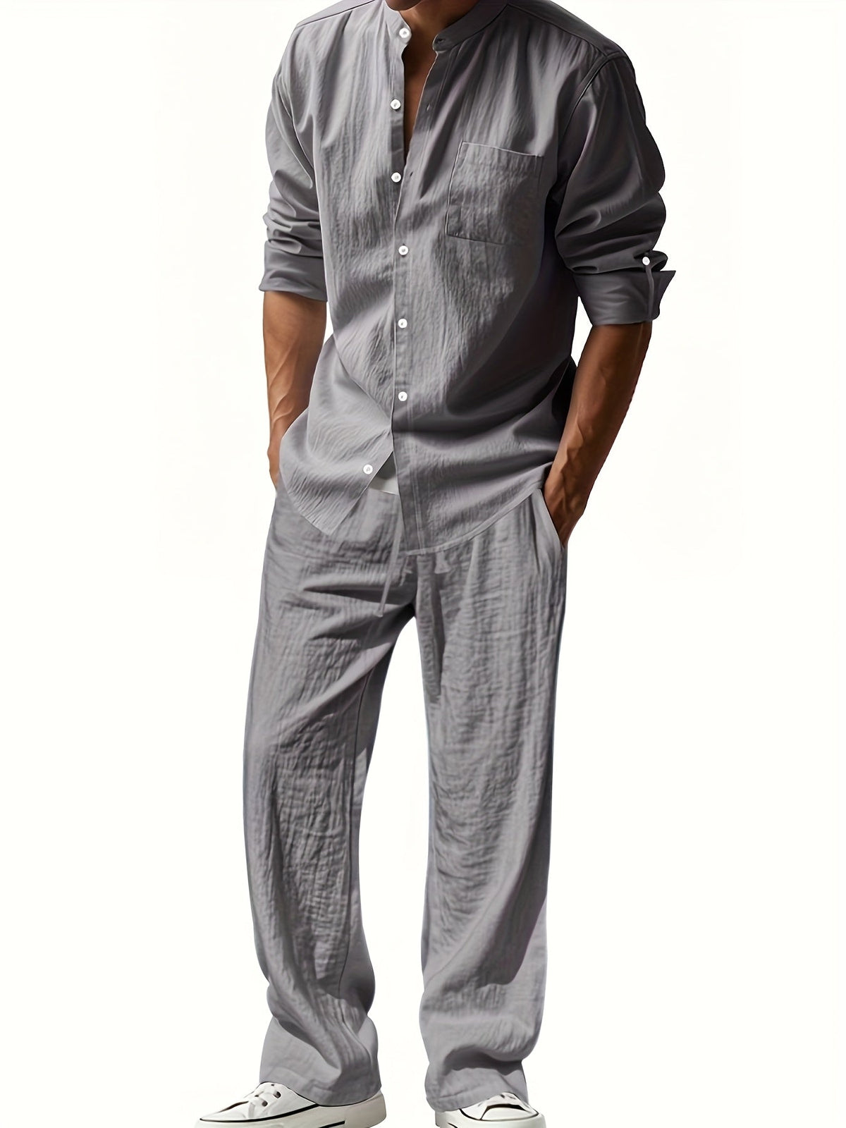 Men's Roll-Sleeve Band Collar Shirt and Wide-Leg Trousers Set – Grey
