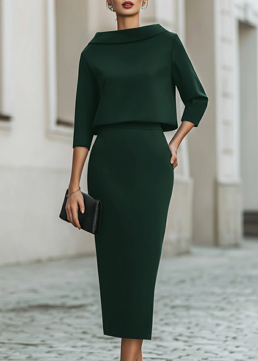 Women's Boat Neck Crepe Top and Midi Skirt Two-Piece Set – Emerald Green