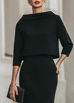 Women's Boat Neck Crepe Top and Midi Skirt Two-Piece Set