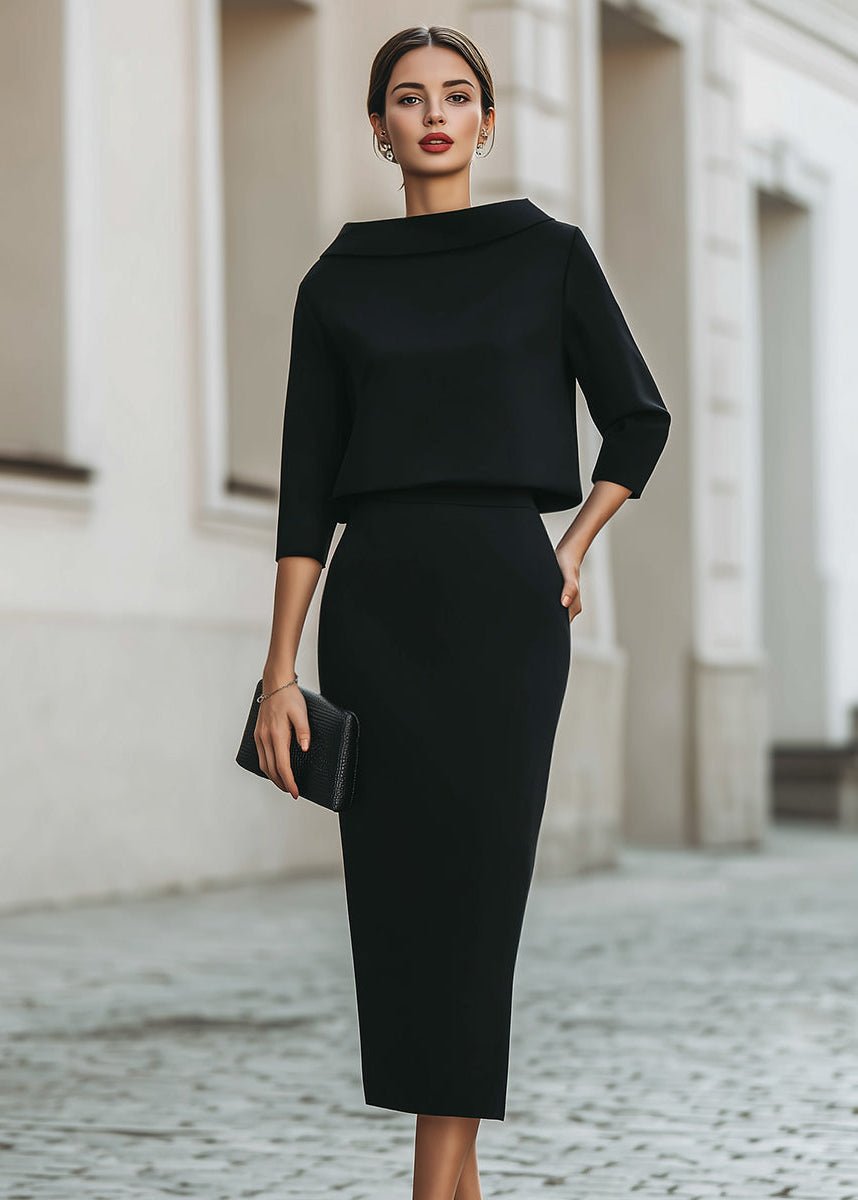 Women's Boat Neck Crepe Top and Midi Skirt Two-Piece Set