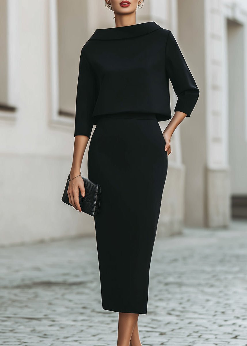 Women's Boat Neck Crepe Top and Midi Skirt Two-Piece Set – Black