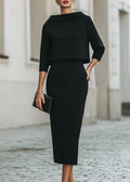 Women's Boat Neck Crepe Top and Midi Skirt Two-Piece Set – Black