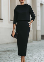 Women's Boat Neck Crepe Top and Midi Skirt Two-Piece Set – Black