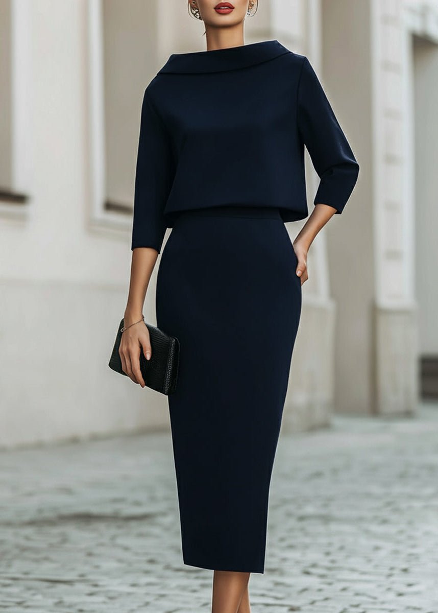 Women's Boat Neck Crepe Top and Midi Skirt Two-Piece Set – Navy Blue