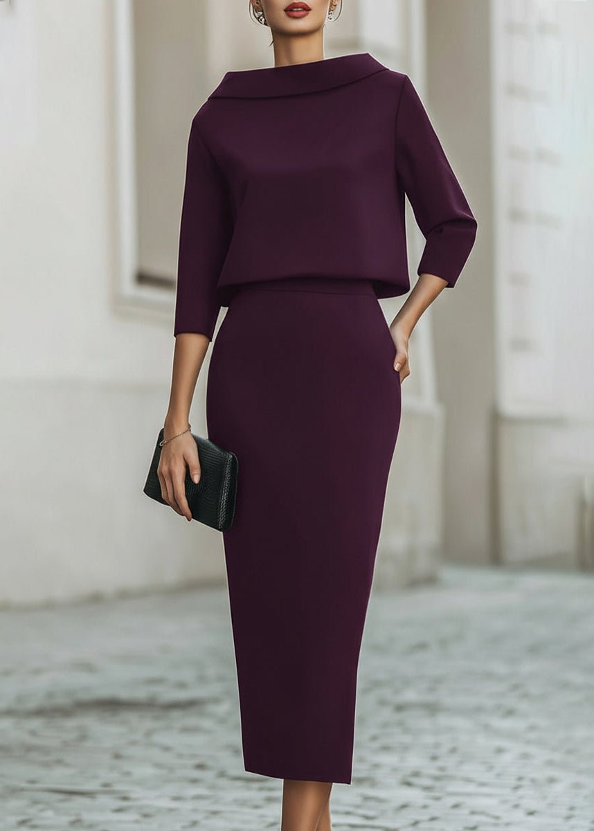 Women's Boat Neck Crepe Top and Midi Skirt Two-Piece Set – Purple