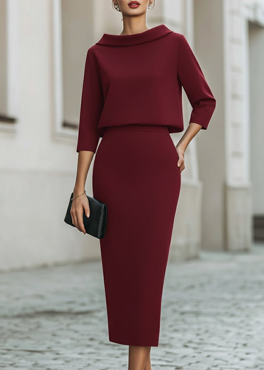 Women's Boat Neck Crepe Top and Midi Skirt Two-Piece Set – Burgundy
