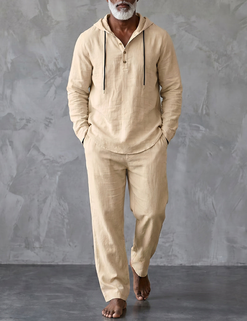Men's Hooded Henley Lounge Set with Drawstring Trousers – Beige