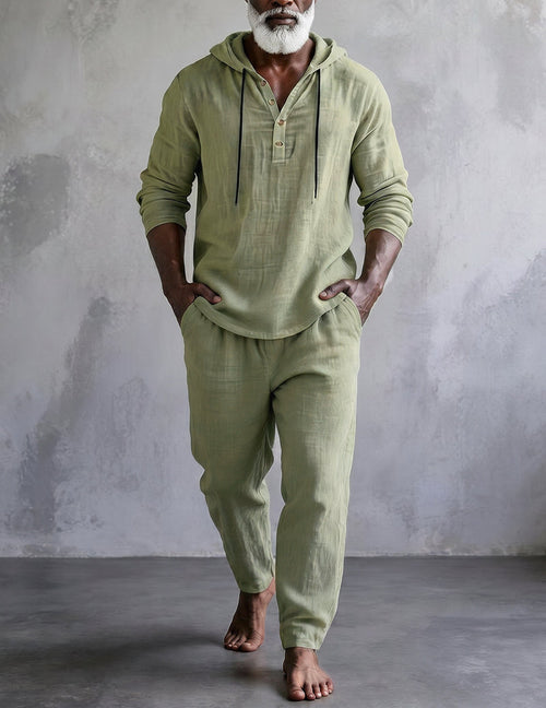 Men's Hooded Henley Lounge Set with Drawstring Trousers – Sage Green