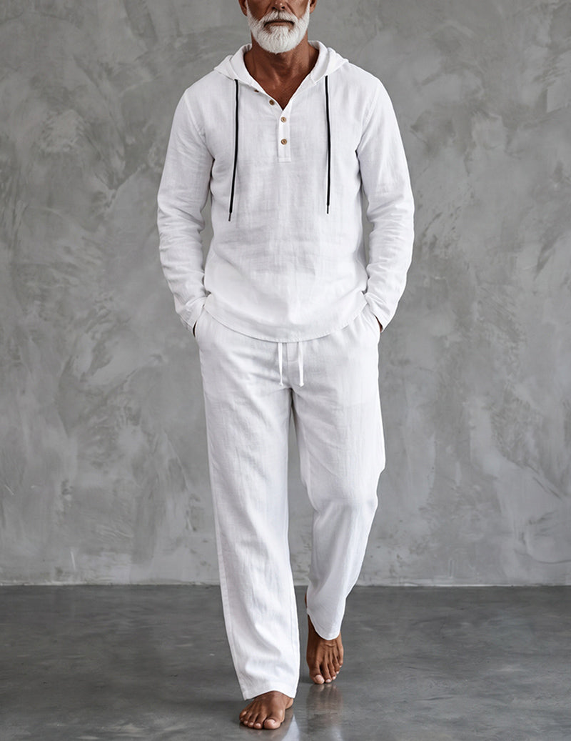 Men's Hooded Henley Lounge Set with Drawstring Trousers – White