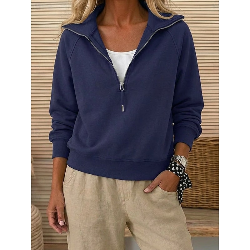 Women's Quarter-Zip Knit Pullover with Funnel Collar - Dark Blue