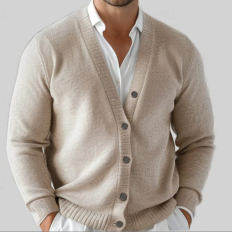 Men's Lightweight Buttoned Knit Cardigan with V-Neck - Beige