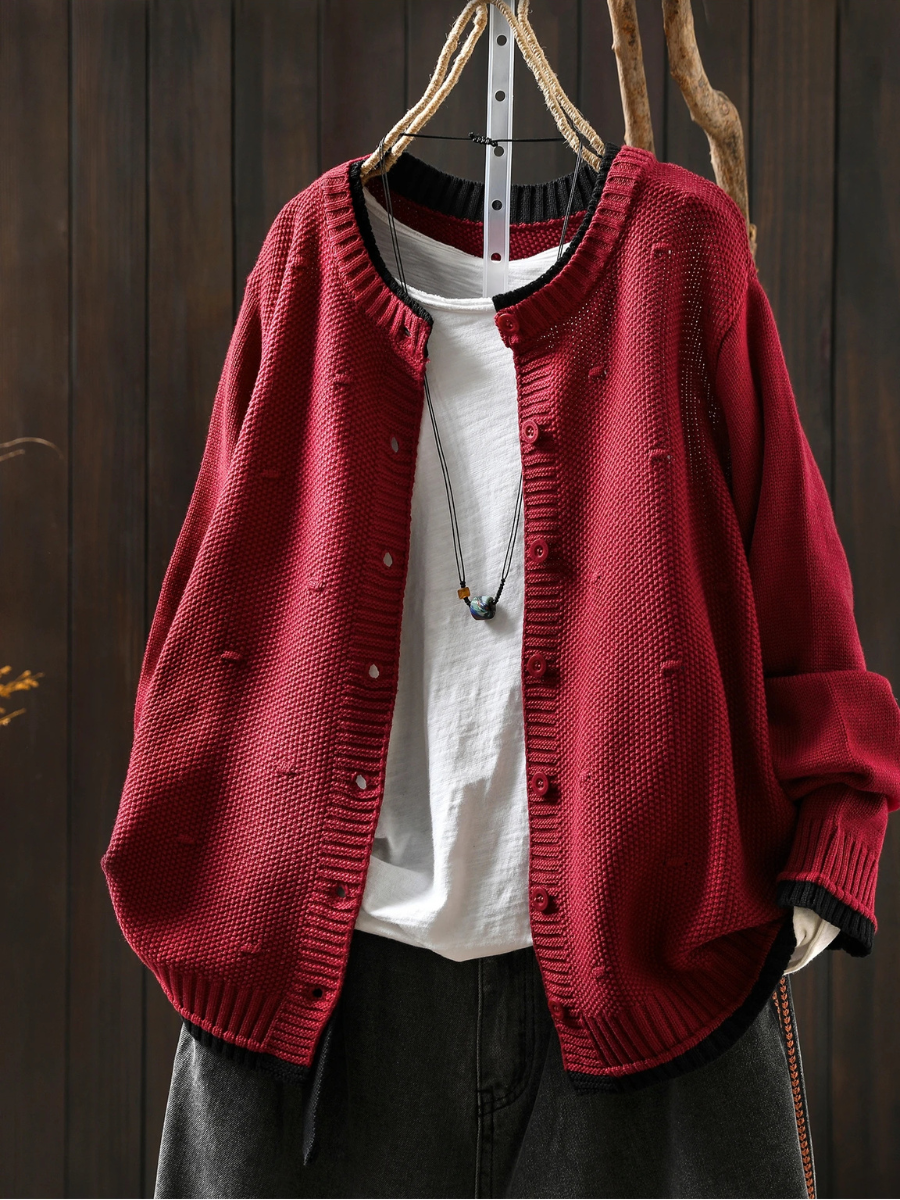 Women's Relaxed Fit Chunky Textured Button Cardigan – Red