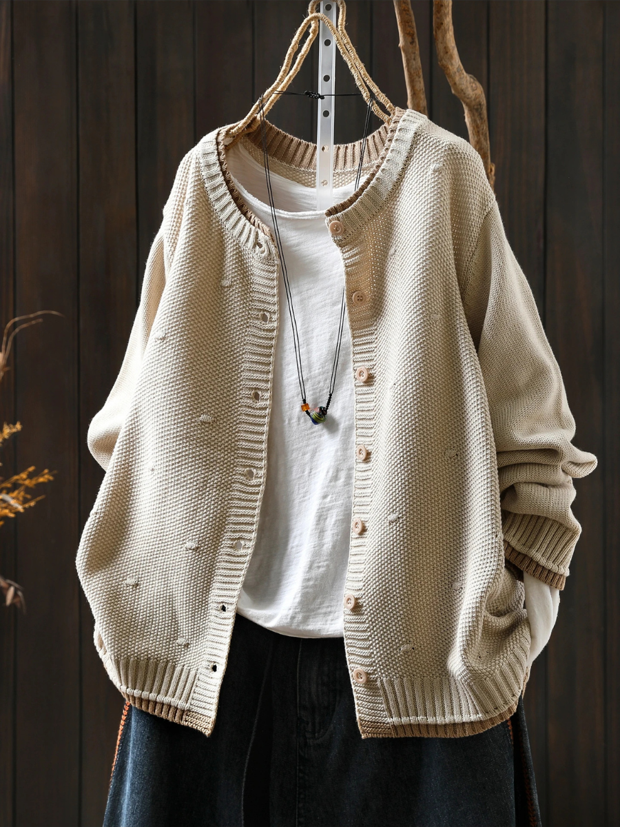 Women's Relaxed Fit Chunky Textured Button Cardigan – Beige