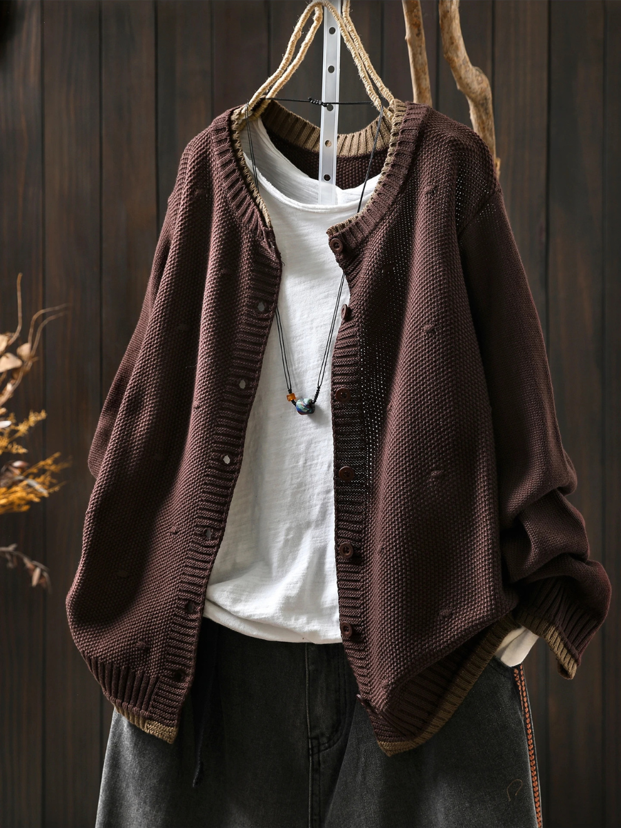 Women's Relaxed Fit Chunky Textured Button Cardigan – Dark Brown