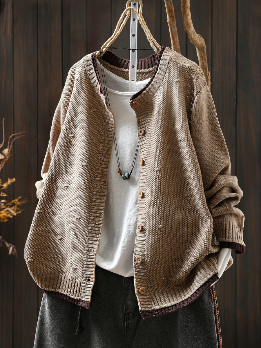 Women's Relaxed Fit Chunky Textured Button Cardigan – Cream