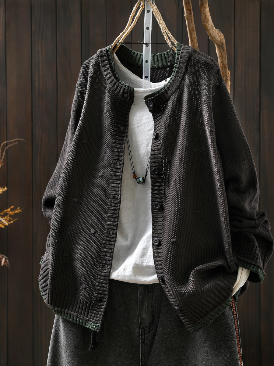 Women's Relaxed Fit Chunky Textured Button Cardigan – Black
