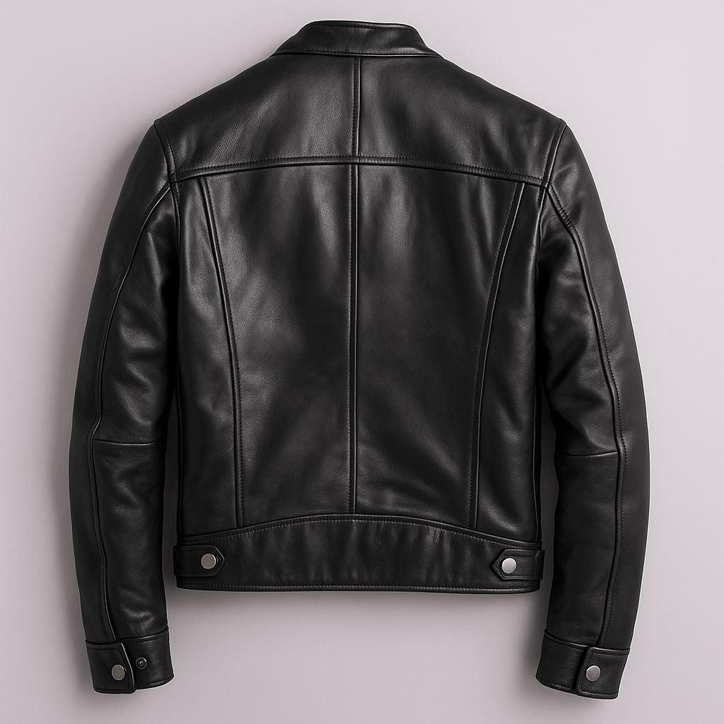 Men's Distressed Leather Biker Jacket with Stand Collar