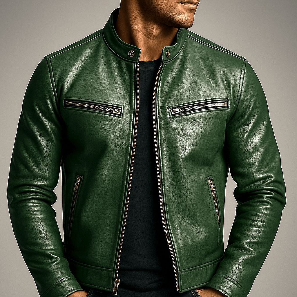 Men's Distressed Leather Biker Jacket with Stand Collar