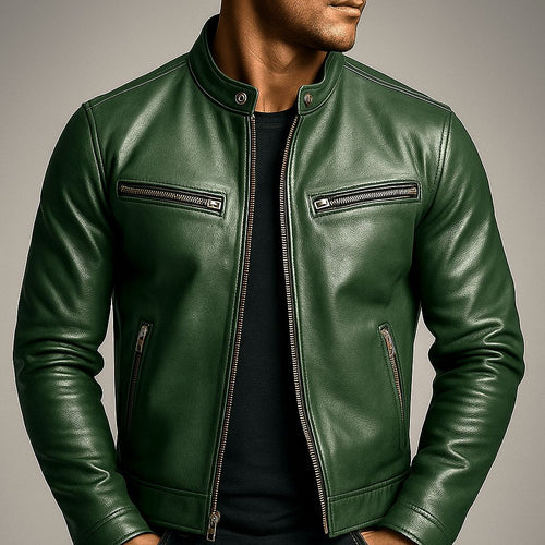 Men's Distressed Leather Biker Jacket with Stand Collar