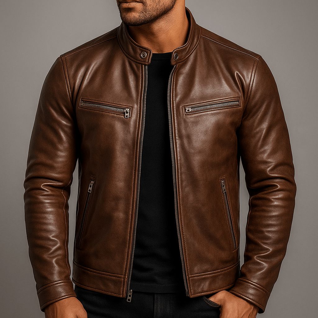 Men's Distressed Leather Biker Jacket with Stand Collar