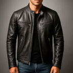 Men's Distressed Leather Biker Jacket with Stand Collar