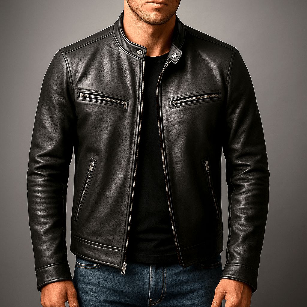 Men's Distressed Leather Biker Jacket with Stand Collar