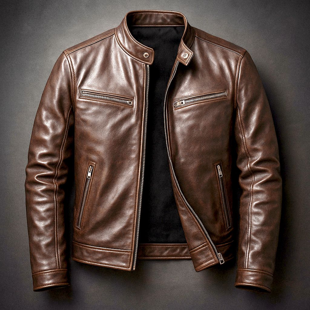 Men's Distressed Leather Biker Jacket with Stand Collar – Dark Brown