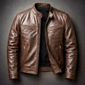 Men's Distressed Leather Biker Jacket with Stand Collar – Dark Brown