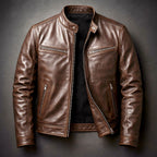 Men's Distressed Leather Biker Jacket with Stand Collar – Dark Brown