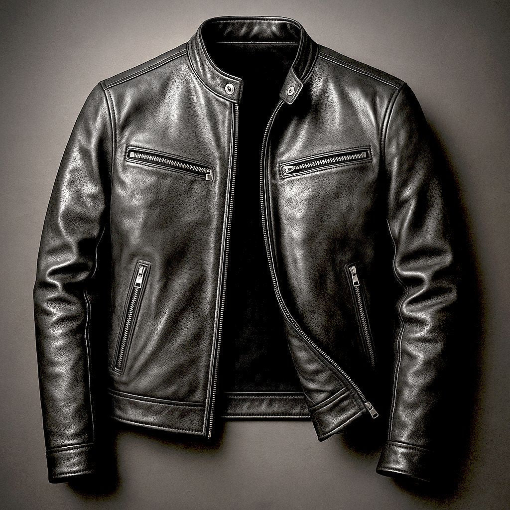 Men's Distressed Leather Biker Jacket with Stand Collar – Black