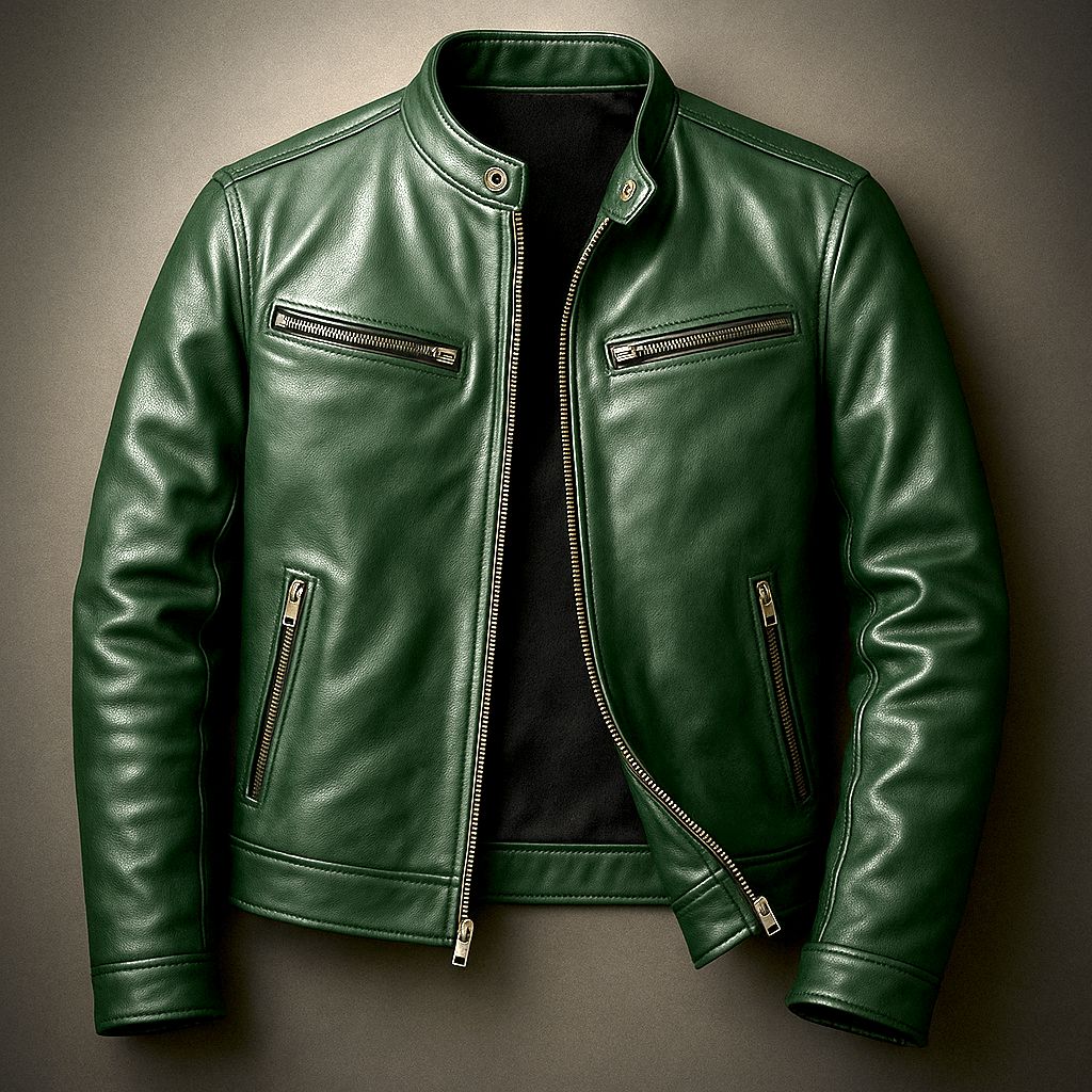 Men's Distressed Leather Biker Jacket with Stand Collar – Dark Green