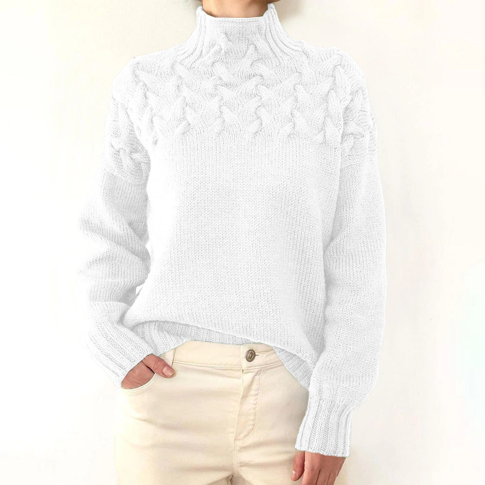 Women's Braided Yoke Roll-Neck Jumper with Ribbed Trims – White