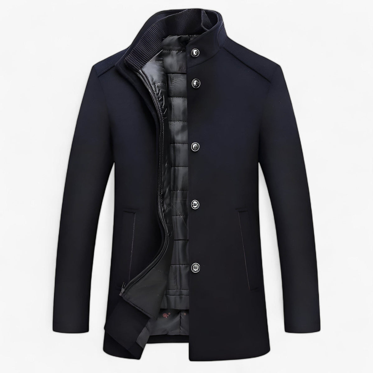 Men's Padded Wool Overcoat with Mandarin Collar - Navy Blue