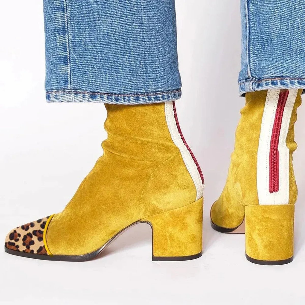 Women's Suede Ankle Boots with Leopard Toe Cap and Block Heel – Yellow