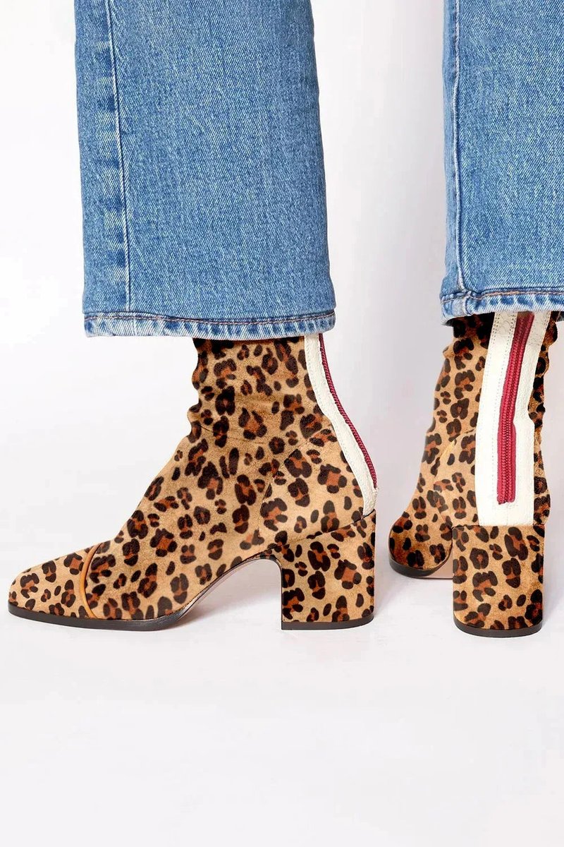 Women's Suede Ankle Boots with Leopard Toe Cap and Block Heel – Leopard Print