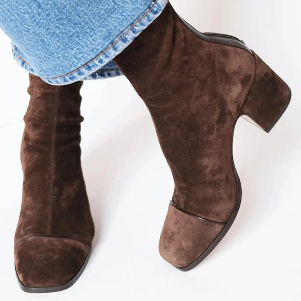 Women's Suede Ankle Boots with Leopard Toe Cap and Block Heel