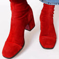 Women's Suede Ankle Boots with Leopard Toe Cap and Block Heel – Red