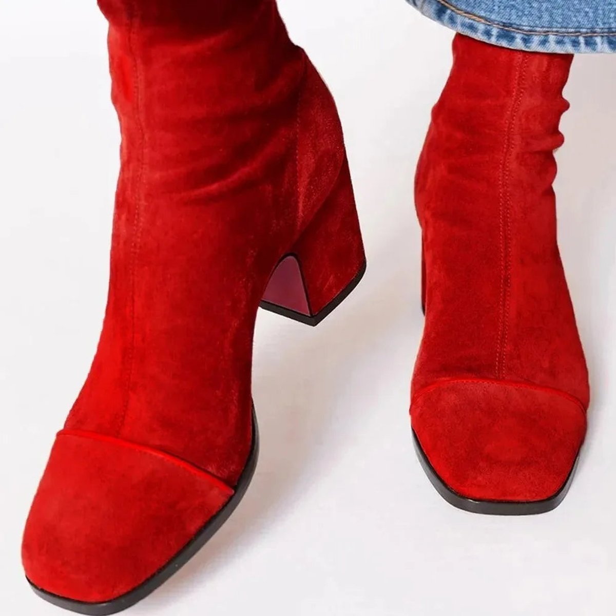 Women's Suede Ankle Boots with Leopard Toe Cap and Block Heel – Red