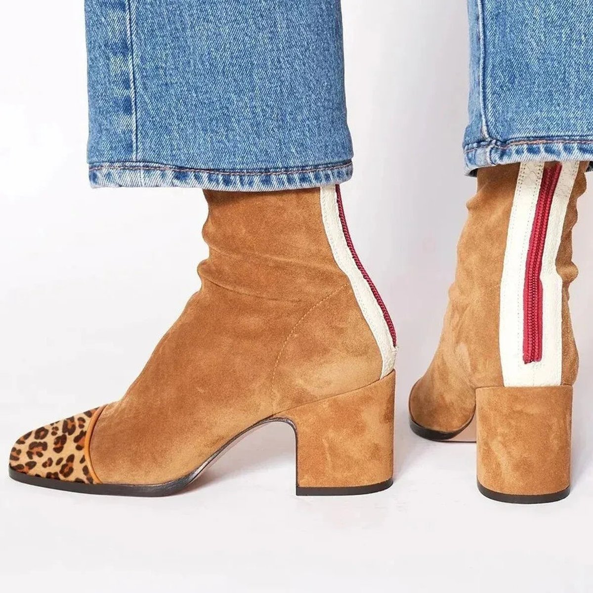 Women's Suede Ankle Boots with Leopard Toe Cap and Block Heel – Brown