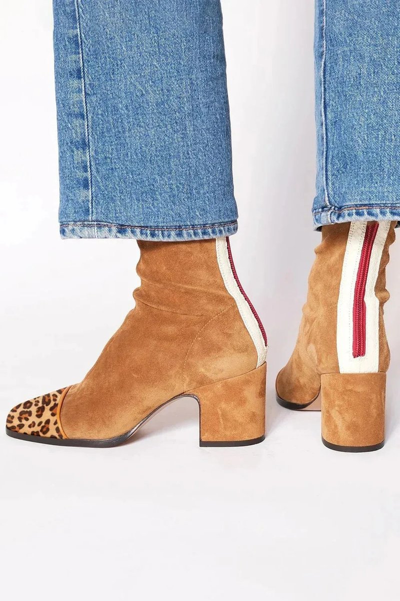 Women's Suede Ankle Boots with Leopard Toe Cap and Block Heel
