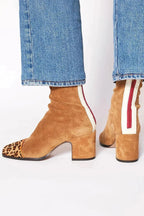 Women's Suede Ankle Boots with Leopard Toe Cap and Block Heel
