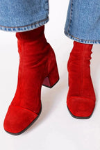Women's Suede Ankle Boots with Leopard Toe Cap and Block Heel