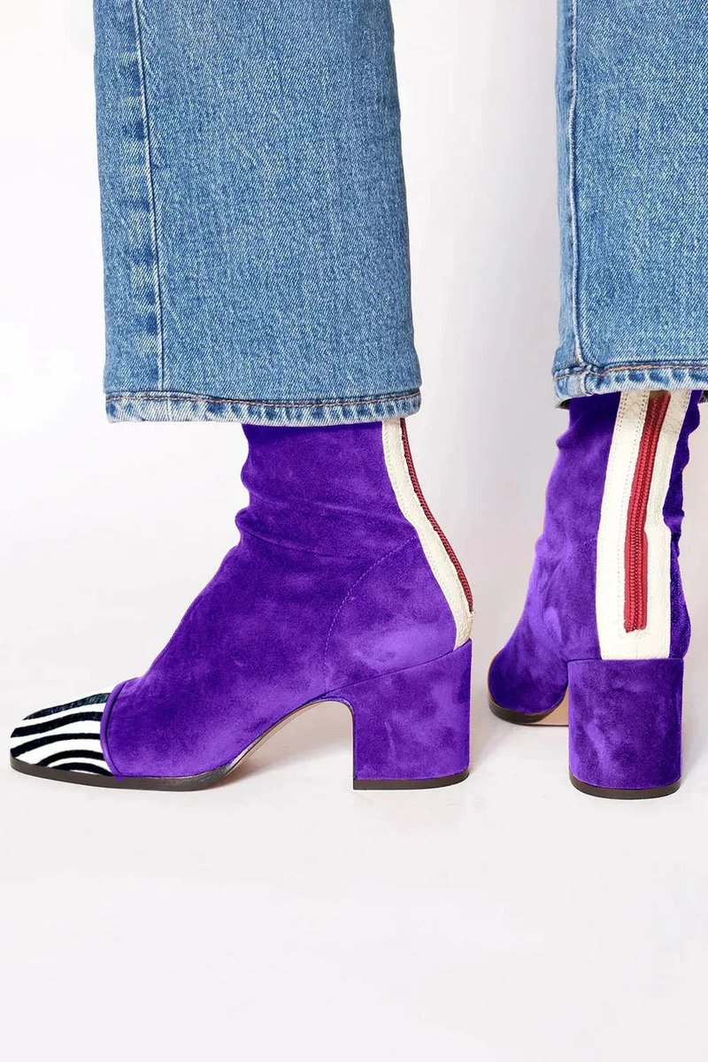 Women's Suede Ankle Boots with Leopard Toe Cap and Block Heel – Purple