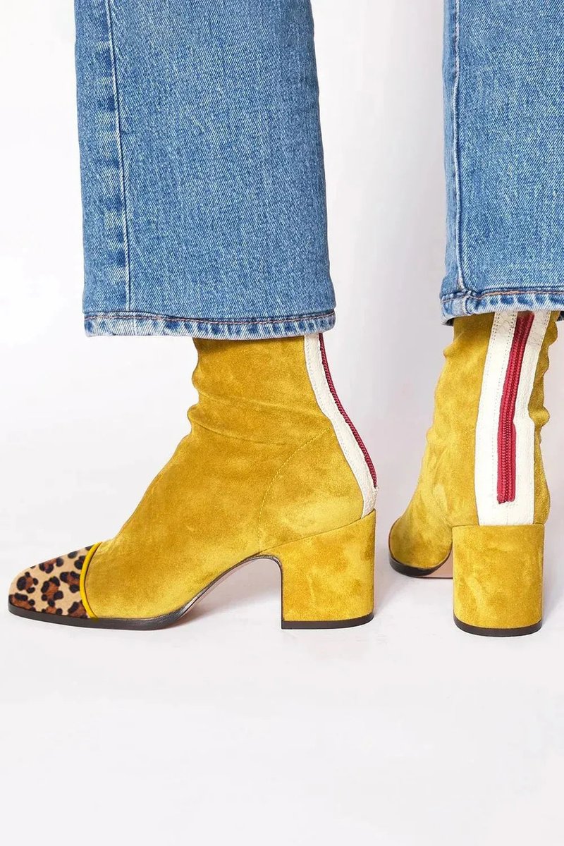 Women's Suede Ankle Boots with Leopard Toe Cap and Block Heel