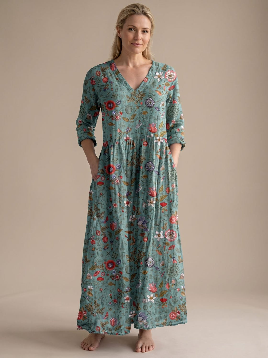 Women's Floral V-Neck Midi Dress with Smocked Waist and Pockets