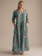 Women's Floral V-Neck Midi Dress with Smocked Waist and Pockets